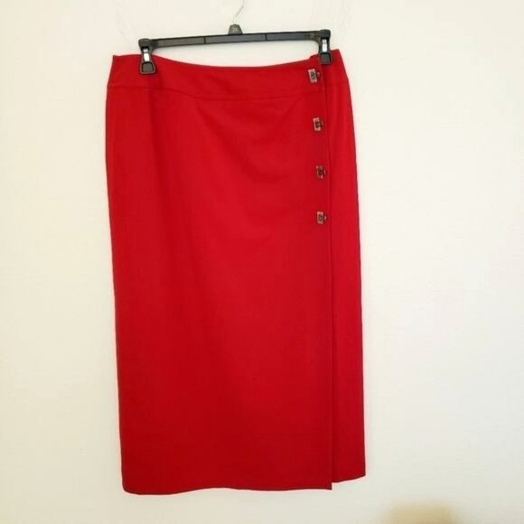 Vintage Rena Rowan Berry Red Wrap Front Midi Skirt w/Gun Metal Closures Sz12 EUC - Picture 1 of 10